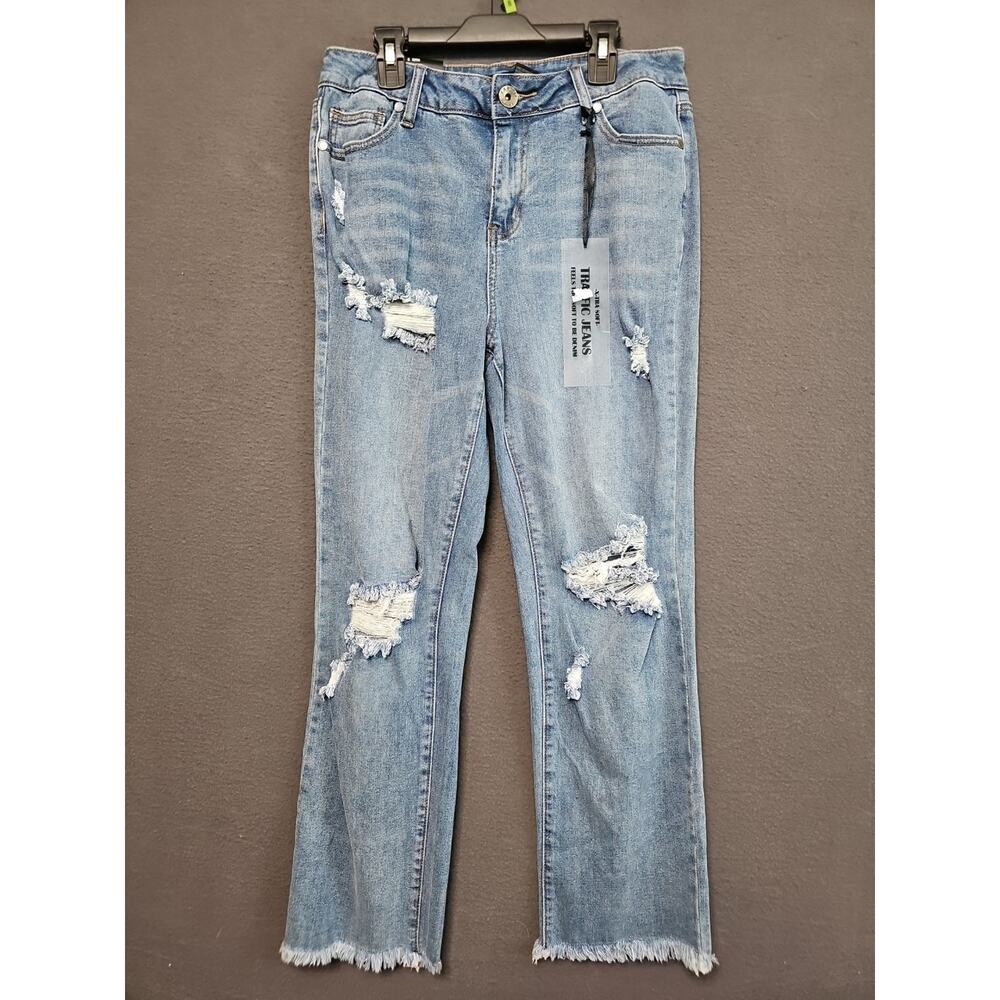 Traffic Jeans Wear Sz 7 Distressed Raw Hem Straight Leg Jeans Light Wash Stretch